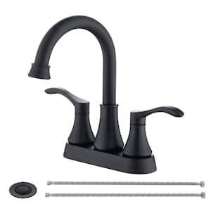 Modern 4 in. Centerset Double Handle High Arc Bathroom Faucet Combo Kit with Drain Kit Included in Matte Black