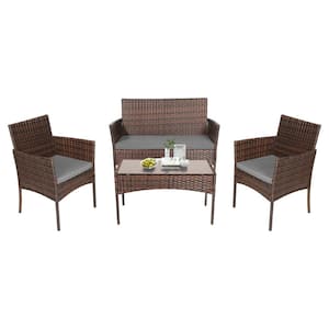 4-Piece PE rattan Furniture Patio Conversation Set Sofa Chair Table Set with Grey Cushion
