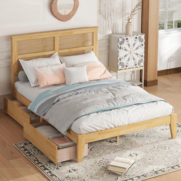 White Oak Brown Wood Frame Full Size Platform Bed with Rattan Headboard, 2-Drawers,Enhanced Support Slats and Feet