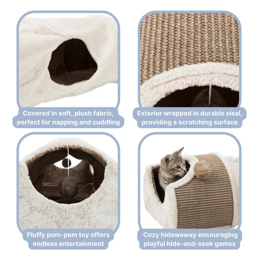 Cream and Brown Sisal Cat Tunnel with Plush Condos