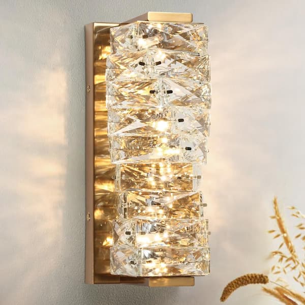 Zevni Modern 1-Light Imitation Electroplated Brass Rectangular Integrated LED Wall Sconce with Whirl Crystal Shade for Bedroom