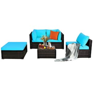 5-Piece Wicker Patio Conversation Set Sectional Rattan Furniture Set with Blue Cushions and Ottoman Table