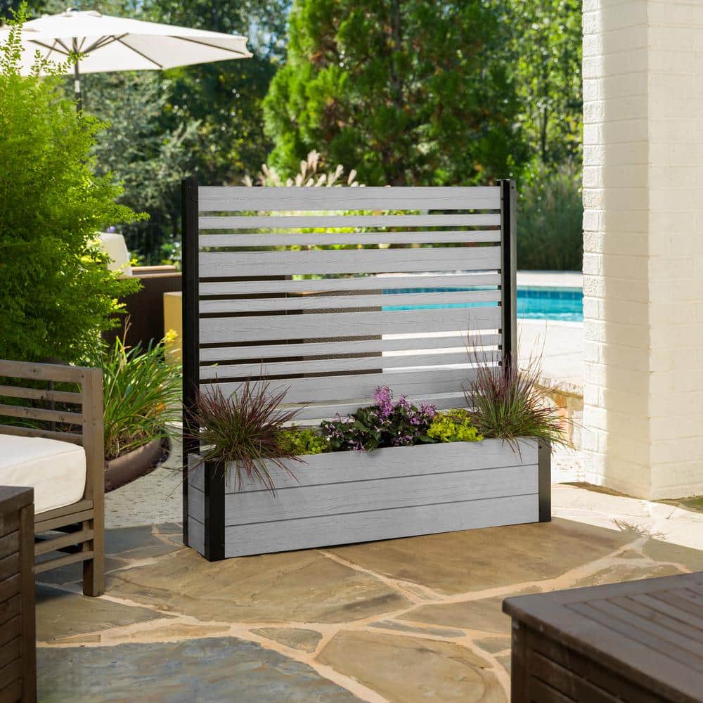 Ash Gray Vinyl Privacy Screen with Planter Box for Outdoor Use