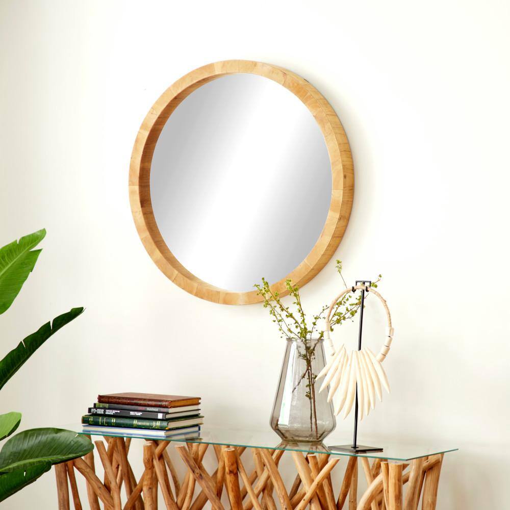 Natural Brown Round Wood Wall Mirror, 32"