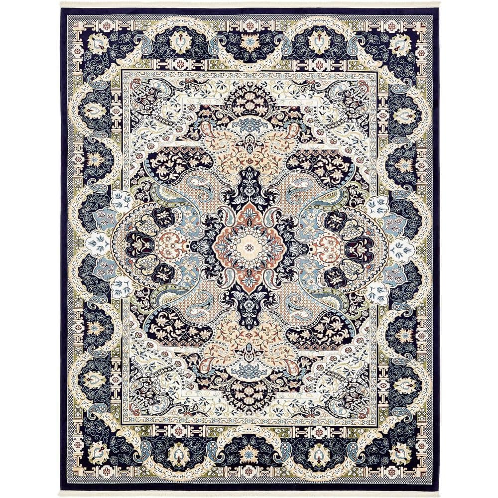 Navy Blue Floral Elegance 8' x 10' Synthetic Area Rug