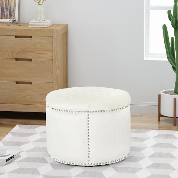 CHRISTOPHER KNIGHT HOME Tiernan Glam Round Tufted Beige Velvet Ottoman with Stud Accents