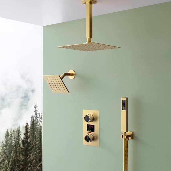 EVERSTEIN 3-spray Dual Shower Head and Handheld Shower Head with Temperature Display in Brushed Gold(Valve Included)