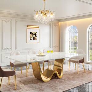 Roesler Modern White and Gold 78.74 in. Rectangle Sintered Stone with Gold Metal Pedestal Dining Table (Seats 8)
