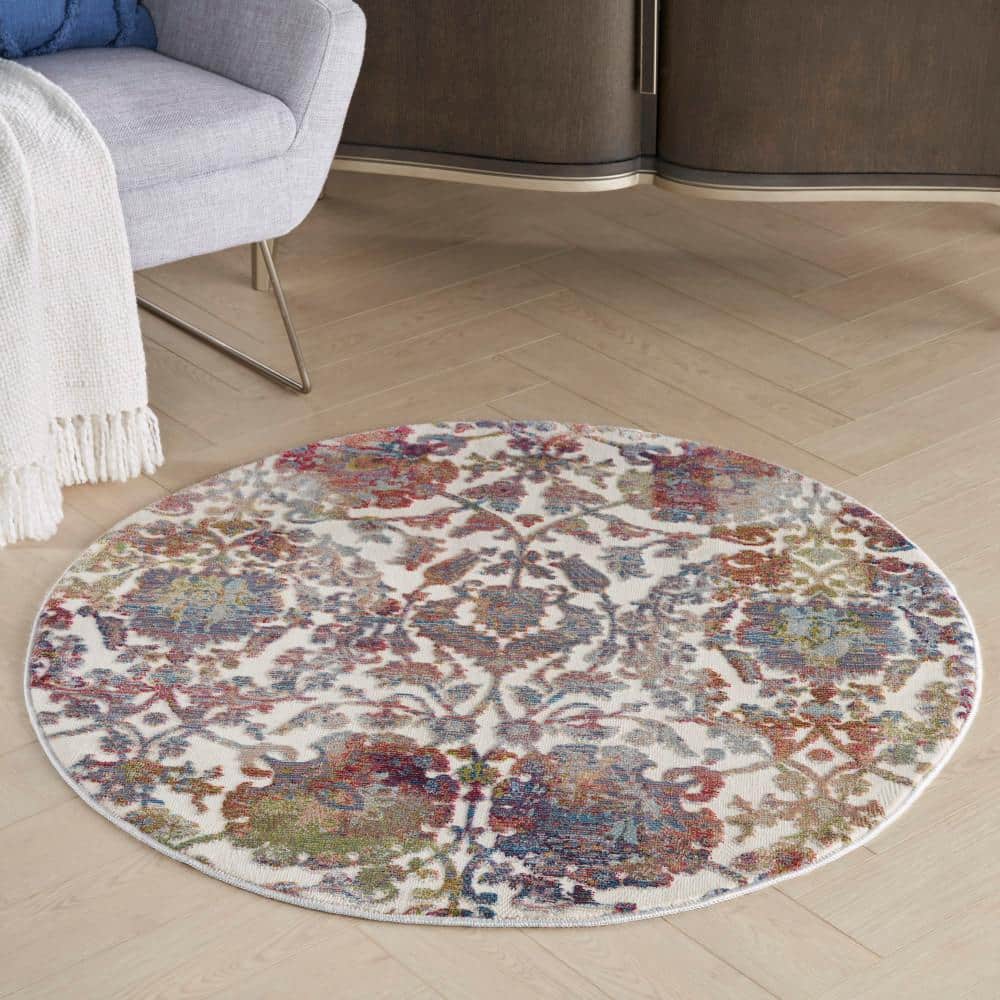 Handmade Round White Multicolor Floral Synthetic Area Rug