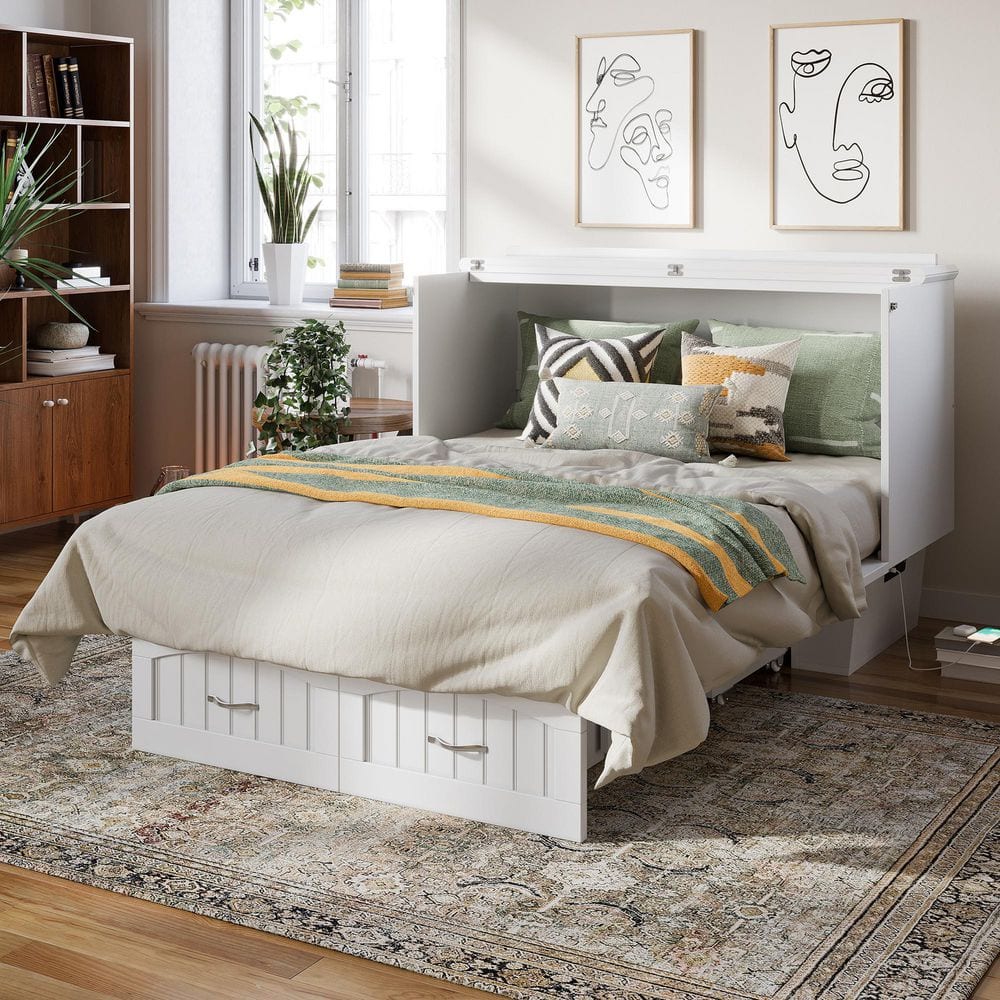 Marina White Full Murphy Bed Chest with Storage and Charger