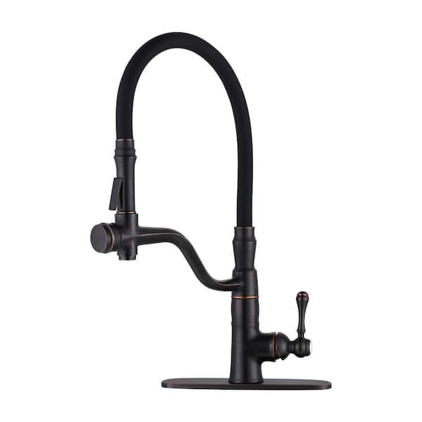 Single Handle Brass High Arc Pull Down Sprayer Kitchen Faucet with Deckplate Included in Oil Rubbed Bronze