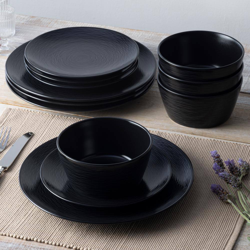 Black Porcelain 12-Piece Swirl Coupe Dinnerware Set