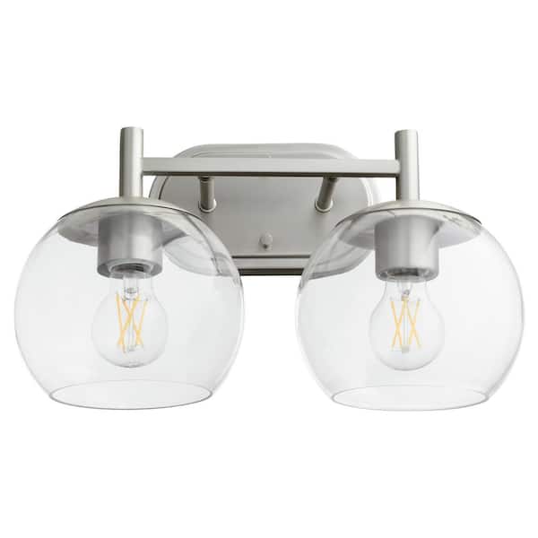 Quorum International Veno 2-Light - 100-Watt Medium Base Lamp Light Vanity 14 in. Width Vanity with 2 Clear glass Diffusers Satin Nickel