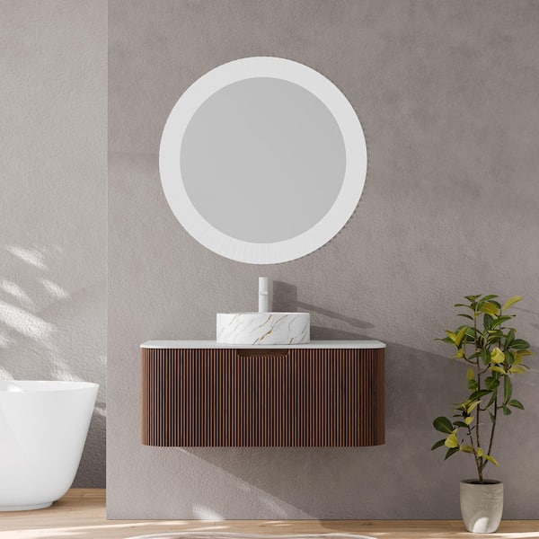 Baye 36 in. W Floating Dark Walnut Bath Vanity with White Textures Ceramic Sink and Engineered Marble Top Unassembled
