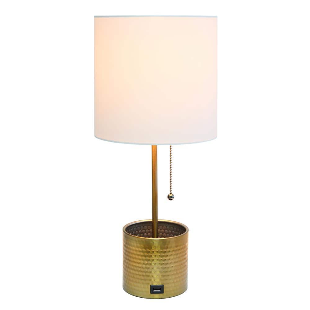 Gold Hammered Metal Nightstand Lamp with White Fabric Shade and USB Port