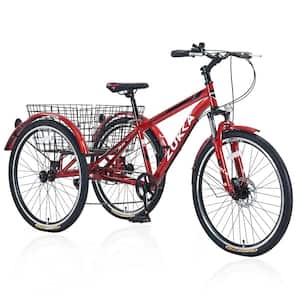 26-Inch 3 Wheels Red Adult Tricycle Bike, 7-Speed Mountain Tricycle with Integrated Shopping Basket
