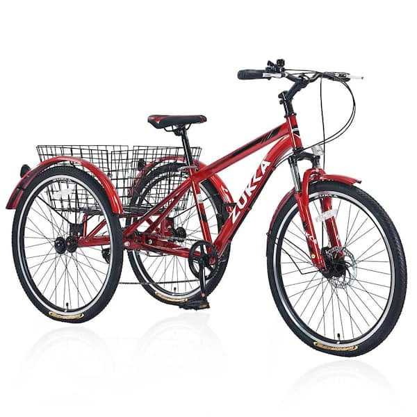 Sudzendf 26-Inch 3 Wheels Red Adult Tricycle Bike, 7-Speed Mountain Tricycle with Integrated Shopping Basket
