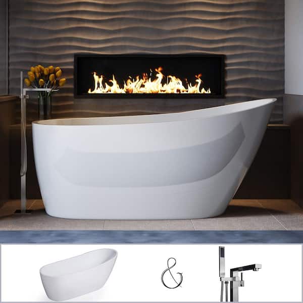 PELHAM & WHITE W-I-D-E Series Wakefield 60 in. Acrylic Slipper Freestanding Tub in White, Floor-Mount Square-Post Faucet in Nickel