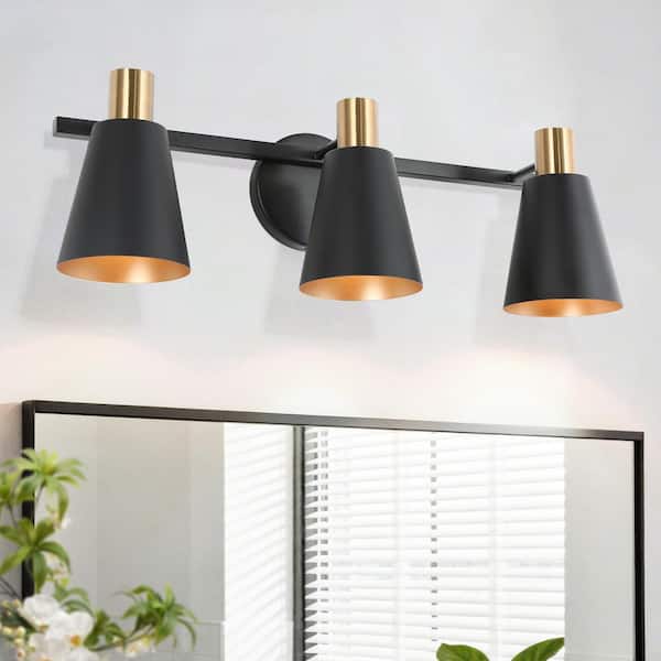 Black and Plated Gold Bathroom Wall Sconce, 22 in. 3-Light Modern Bell Powder Room Vanity Light Fixtures over Mirrors