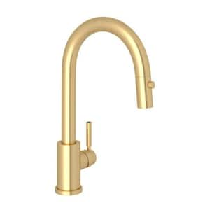 Holborn Single Handle Pull Down Sprayer Kitchen Faucet with Secure Docking, Gooseneck in Satin English Gold