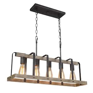 Rustic 5-Light Chandelier Faux Wood Texture Rectangle Cage High Ceiling Light for Kitchen Island