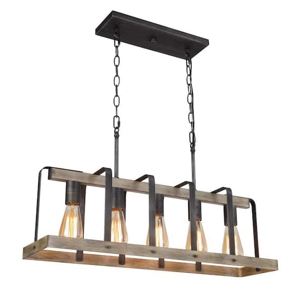 Unbranded Rustic 5-Light Chandelier Faux Wood Texture Rectangle Cage High Ceiling Light for Kitchen Island