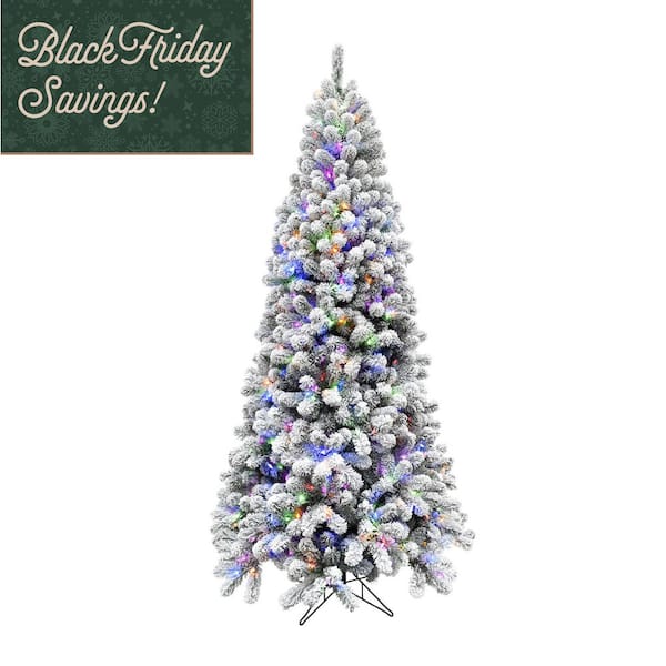 10 ft. Pre-Lit Flocked Akaskan Pine Artificial Christmas Tree with Multi-Color LED String Lighting