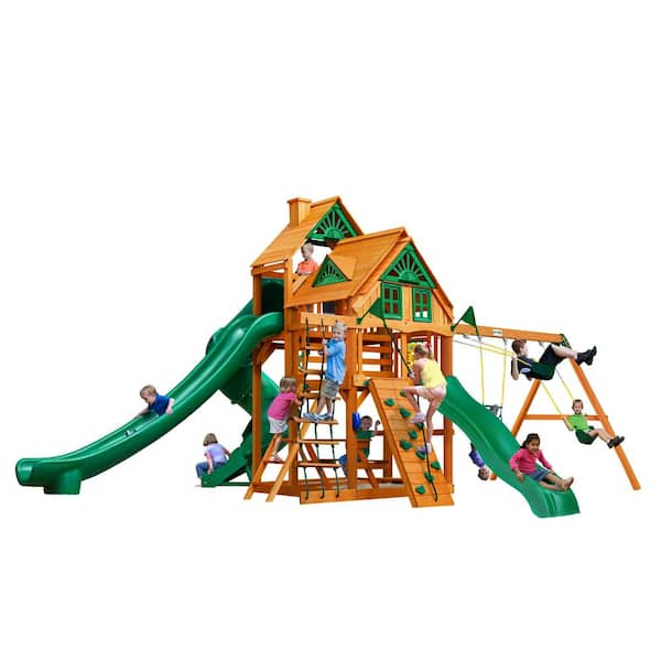 Gorilla Playsets Great Skye II Treehouse Wooden Outdoor Playset with 3 Slides, Swings, Climbing Wall, and Backyard Swing Set Accessories