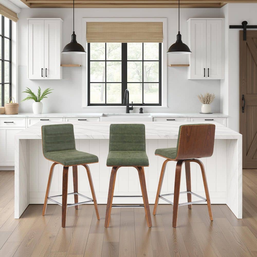 Vienna 35.5 in. H Vintage Green / Walnut Square Back Wood Bar Stool with Faux Leather Seat Set of 3 price history on PriceWatchPro