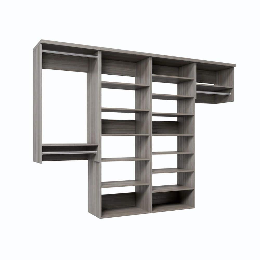 90 in. W Grey Oak Reach-in Wall-Mount 3-Rod 15-Shelf Wood Closet System