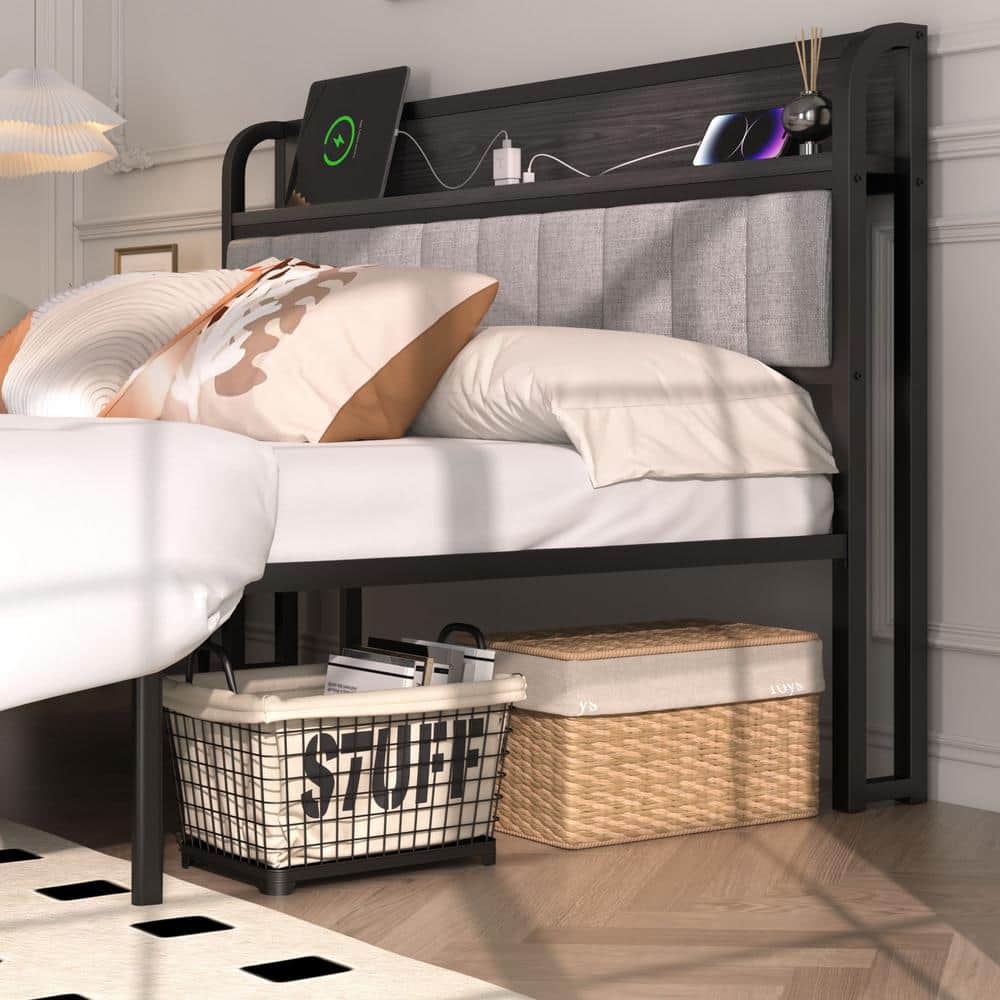Queen Bed Frame, Black Metal Frame Platform Bed Upholstered Headboard with Storage Charging Station, Sturdy Metal Slats - thumbnail 10