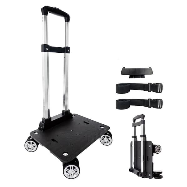 Black Aluminium Alloy Folding Luggage Cart with Luggage Strap, Backpack Trolley Wheeled Cart for Bags