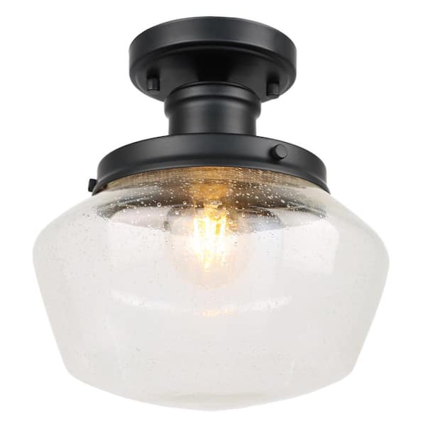 HKMGT 10 in. 1-Light Black Flush Mount Ceiling Light with Seeded Glass Shade and No Bulbs Included