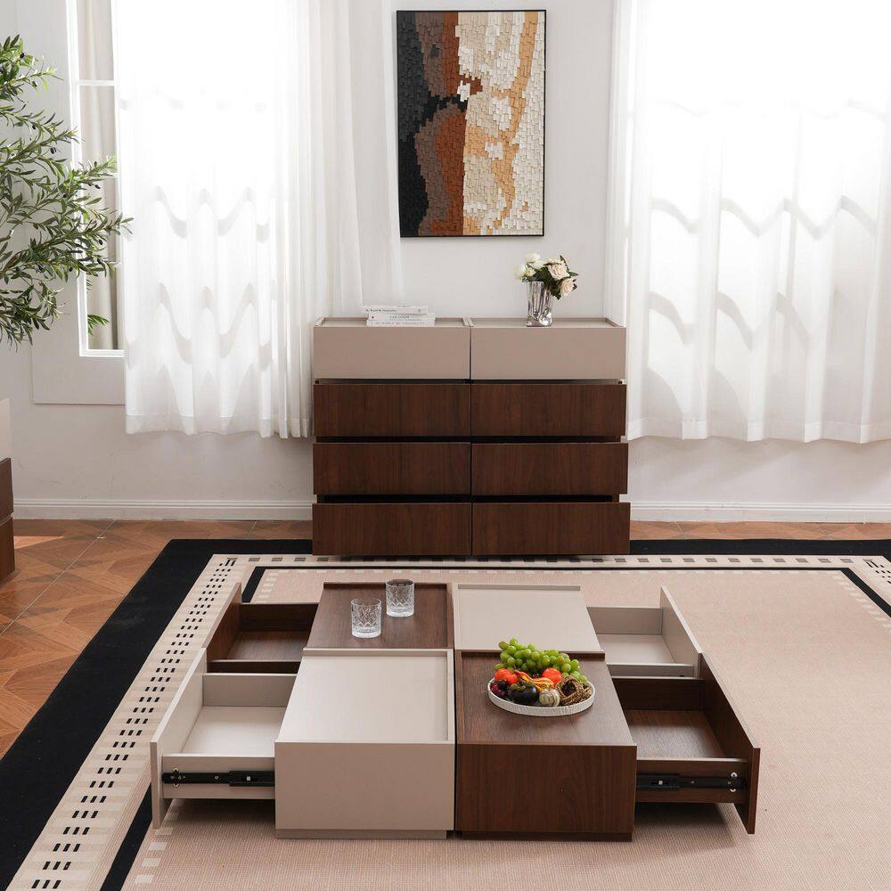 47.24 in. Rectangle MDF Wood Top Coffee Table Cabinet with 4 Drawer in Beige Mix Brown