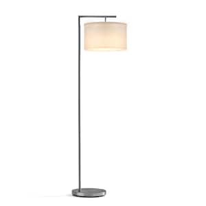 Montage Modern 60 in. Brushed Nickel Modern 1-Light LED Energy Efficient Floor Lamp with White Fabric Drum Shade