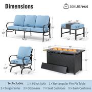 7 Seat 6-Piece Metal Outdoor Patio Conversation Set with Blue Cushions, Rocking Chairs, Rectangular Fire Pit Table