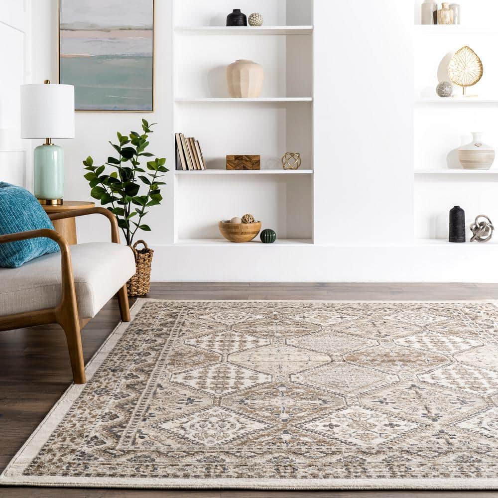 Becca Beige Synthetic Traditional Tiled Runner Rug