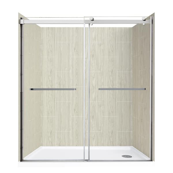CRAFT + MAIN Lagoon Double Roller 60 in L x 30 in W x 78 in H Right Drain Alcove Shower Stall Kit in Driftwood and Silver Hardware