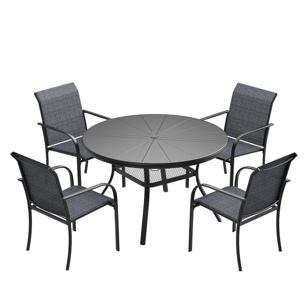 5-Piece Patio Dining Set with 40.6 in. Black Aluminum Round Table and 4-Grey Stackable Dining Chairs for Outdoor Use
