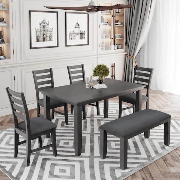 6-Piece Rectangular Gray MDF Top Dining Set Seats 6 with 4 Chairs and 1 Bench