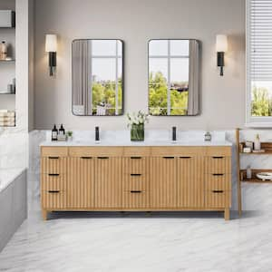 Palos 84 in. W x 22 in. D x 33.9 in. H Double Sink Bath Vanity in Fir Wood Brown with White GRain Stone Top