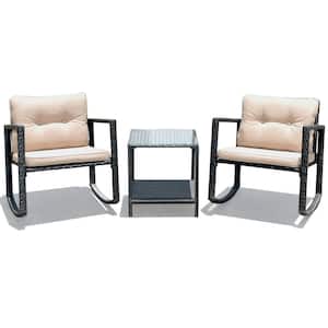 3-Piece Wicker Patio Conversation Set Rattan Chair Table Set with Beige Cushions