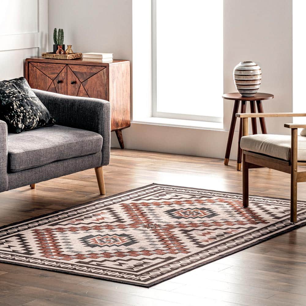 Beige 4' x 6' Reversible Synthetic Medallion Area Rug