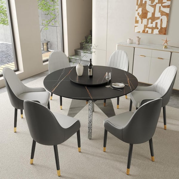 J&E Home Black Marble Top 59 in. Pedestal Round Dining Table with Rotating Lazy Susan (Seats 8)