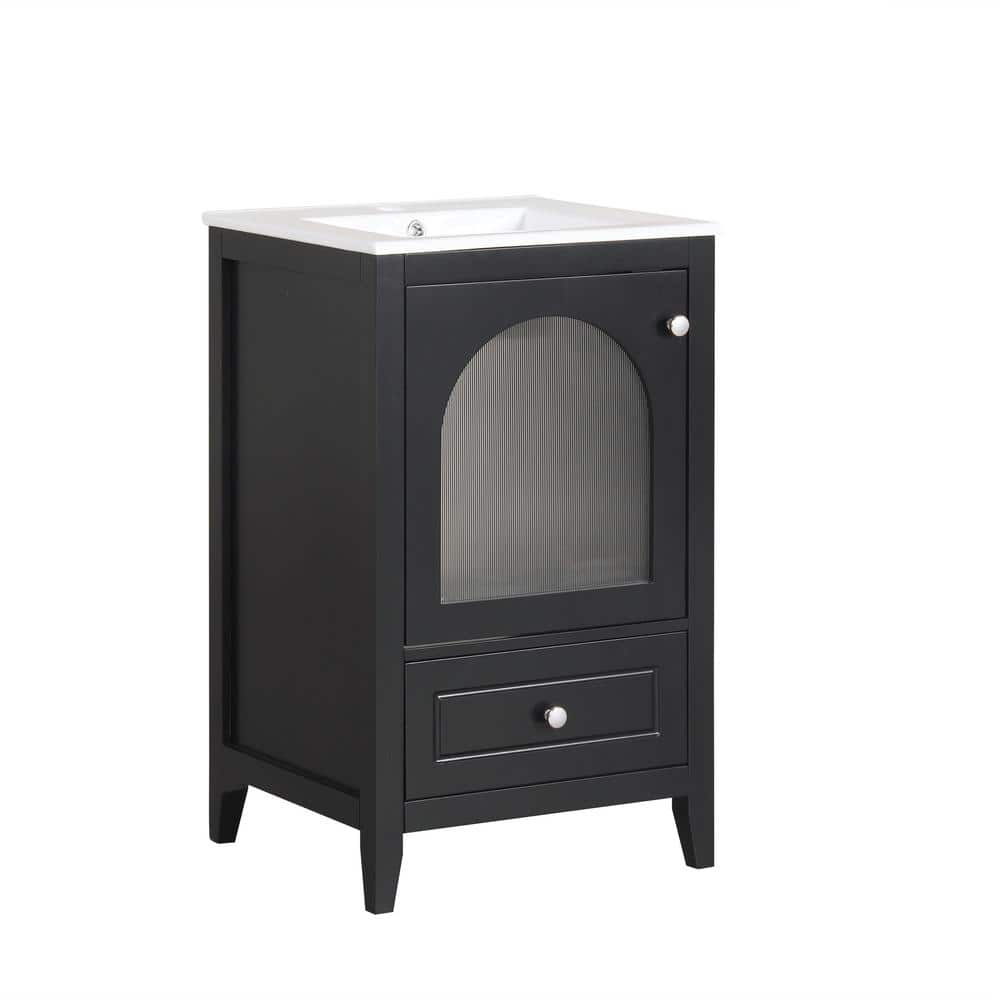 20 in. Single Freestanding Black Bath Vanity with White Ceramic Top, Storage Drawer and Soft Closing Glass Door price history on PriceWatchPro