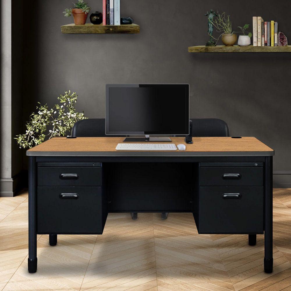 Mesa 60 in. Medium Oak Top Steel Double Pedestal Teacher's Office Desk, Black Base
