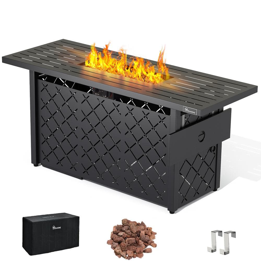 57-Inch Black Iron Gas Fire Pit Table with Lava Rocks