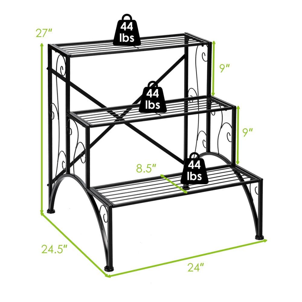 Black Iron 3-Tier Indoor Outdoor Plant Stand with Curved Lace Design