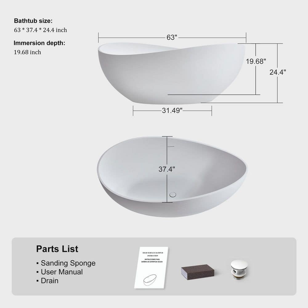 SJ STAR&JANE 5-63-B 63'' x 38'' Freestanding Soaking Solid Surface Bathtub