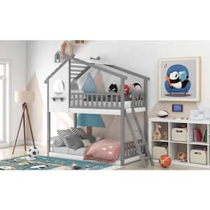 Gray Twin Over Twin Bunk Bed Wood Bed with Roof, Window, Ladder